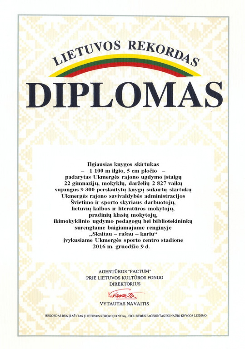 Ukmergiškių pastangas vainikavo Lietuvos rekordo diplomas.