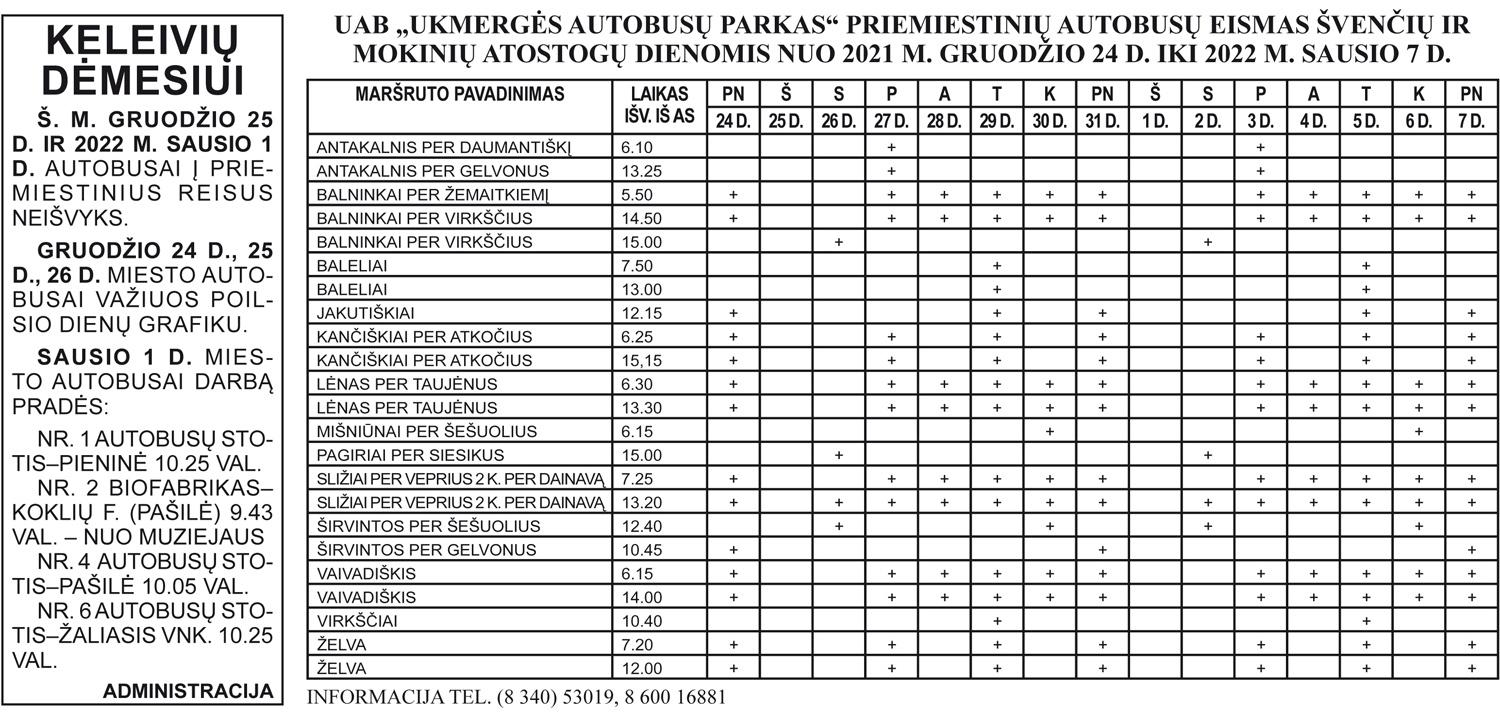Autobusų grafikas šventinėmis dienomis /