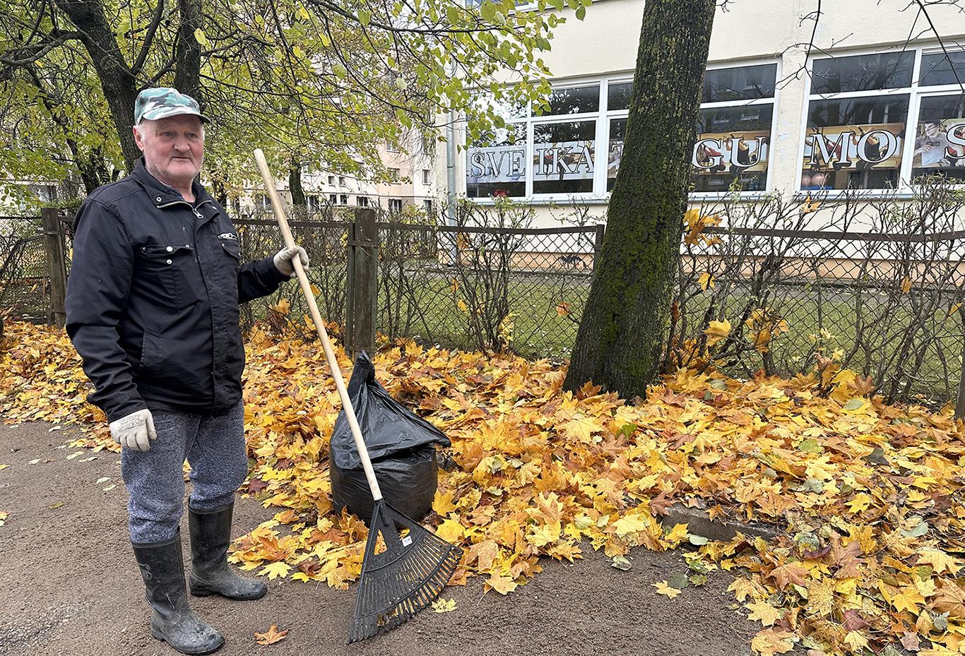 Lapų kritimo metas tampa didžiausiu rudens darbymečiu / Autorės nuotr.  Prasidėjus lapų kritimui Povilui kiemuose juos grėbti tenka nuolat.