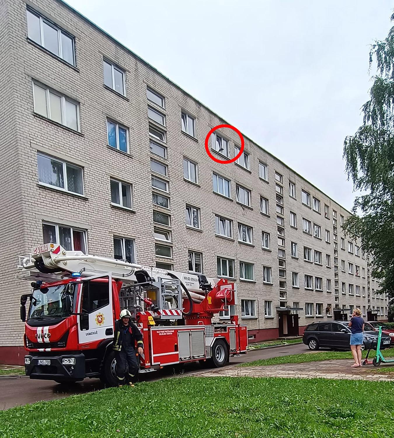 Praviras langas tapo spąstais gyvūnui / Ukmergės PGT nuotr. Išsigandusį kačiuką gelbėtojai vadavo iš penktojo aukšto.