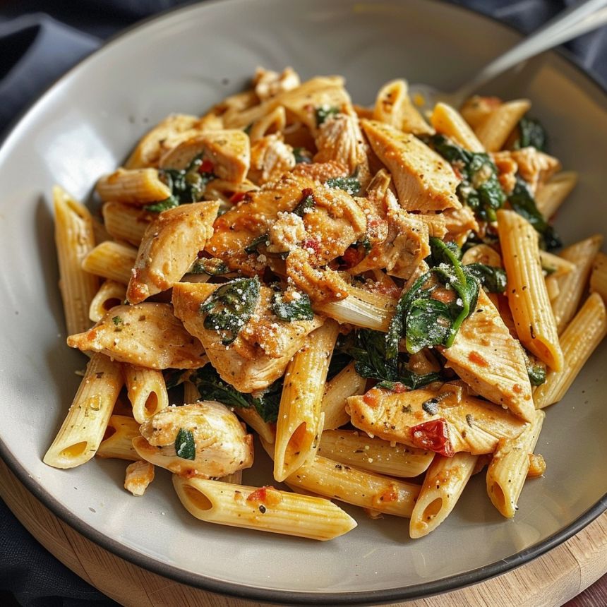 Makaronai su vištiena ir saulėje džiovintais pomidorais