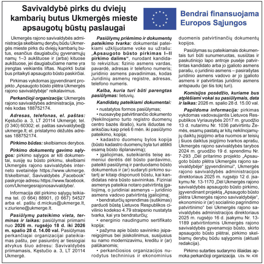 Savivaldybė pirks du dviejų kambarių butus Ukmergės mieste apsaugotų būstų paslaugai