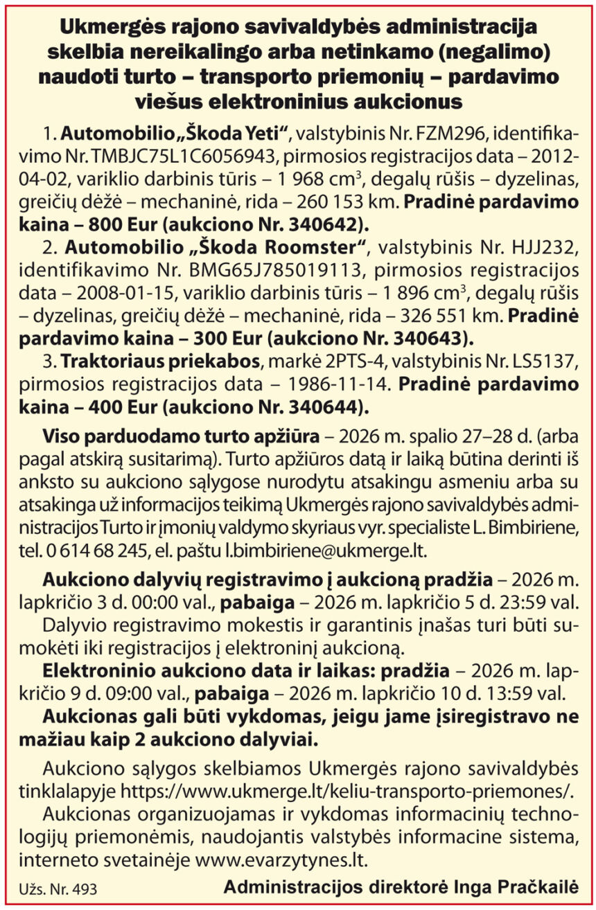Ukmergės rajono savivaldybės administracija skelbia nereikalingo arba netinkamo (negalimo) naudoti turto – transporto priemonių – pardavimo viešus elektroninius aukcionus